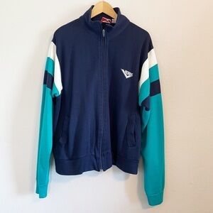 PONY Retro Vintage Hooded Zip Front Jacket Teal and Navy Blue Size XL